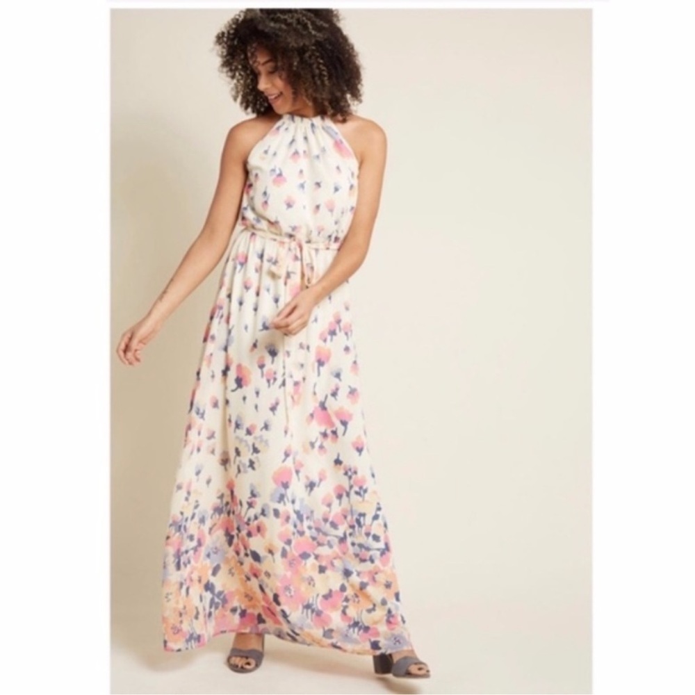 Modcloth Cream Maxi Dress with Pink & Blue Floral Print